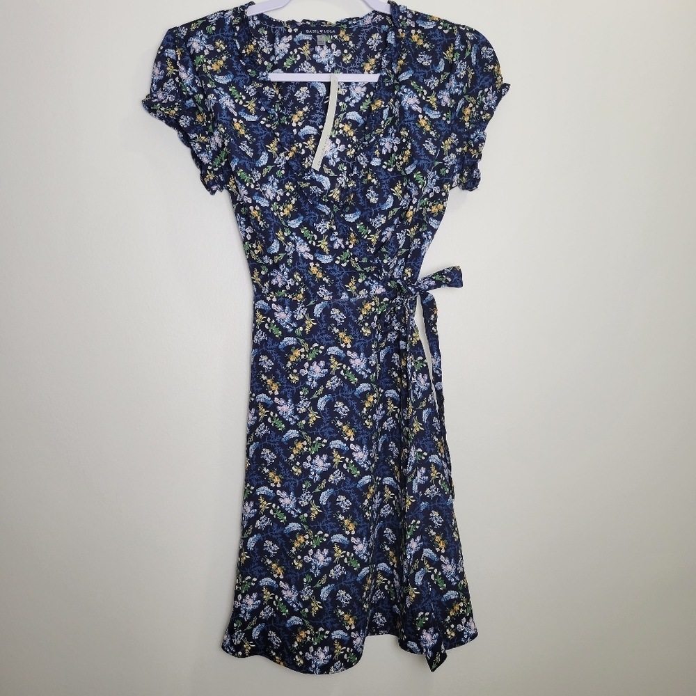 BASIL ♡ LOLA Navy Garden‎ Girl Floral Feminine V neck Faux Wrap Dress S